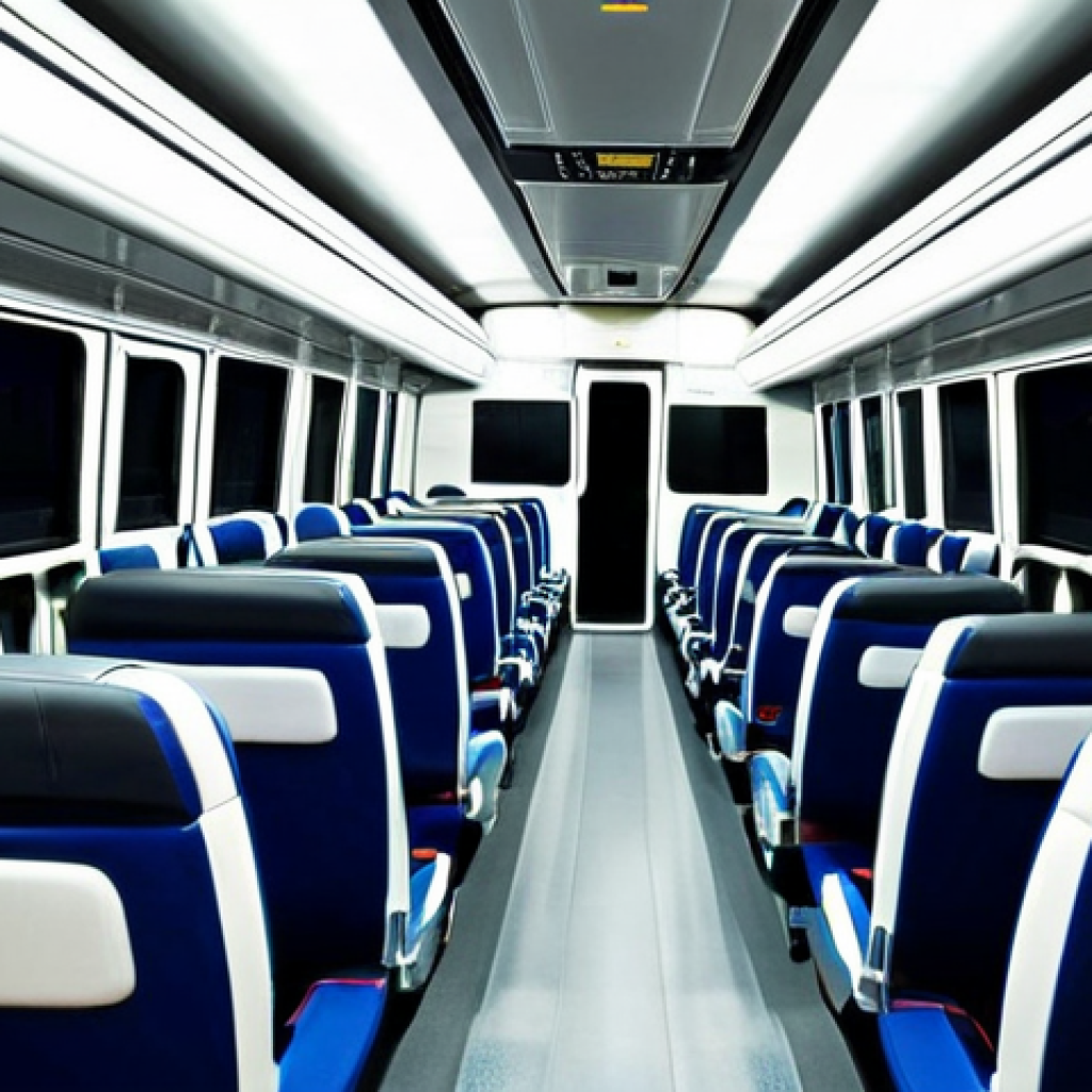A serene and comfortable interior view of a modern Brazilian 'leito' long-distance bus. The focus is on a spacious, fully reclined seat, demonstrating the ultimate comfort and bed-like configuration. A clean, soft blanket and a small, inviting pillow are neatly placed on the seat. Subtle, professional ambient lighting from overhead fixtures illuminates the well-maintained, spotless cabin. The overall atmosphere conveys a peaceful, relaxing, and professional travel experience designed for long journeys. safe for work, appropriate content, fully clothed, professional, modest, family-friendly, perfect anatomy, correct proportions, natural pose, well-formed hands, proper finger count, natural body proportions, high-quality photography, sharp focus, inviting atmosphere.
