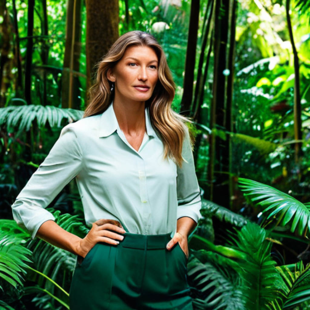 A professional Gisele Bündchen in modest, eco-conscious business attire, fully clothed, standing confidently within a vibrant, lush rainforest, symbolizing her dedication to environmental activism and ethical entrepreneurship. The setting features dappled sunlight filtering through tall trees and rich green foliage. Her expression is thoughtful and determined. High-quality professional photography, natural lighting, dynamic composition, perfect anatomy, correct proportions, natural pose, well-formed hands, proper finger count, natural body proportions, safe for work, appropriate content, fully clothed, professional, family-friendly.