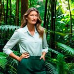 A professional Gisele Bündchen in modest, eco-conscious business attire, fully clothed, standing confidently within a vibrant, lush rainforest, symbolizing her dedication to environmental activism and ethical entrepreneurship. The setting features dappled sunlight filtering through tall trees and rich green foliage. Her expression is thoughtful and determined. High-quality professional photography, natural lighting, dynamic composition, perfect anatomy, correct proportions, natural pose, well-formed hands, proper finger count, natural body proportions, safe for work, appropriate content, fully clothed, professional, family-friendly.