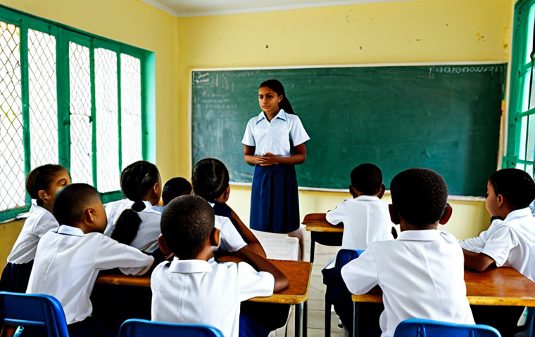 브라질의 빈부격차 문제 - **Prompt:** "A classroom in a Brazilian favela, children fully clothed in modest school uniforms are...