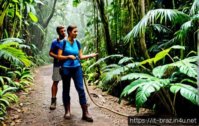 Home 10 브라질 내 야생동물 조심해야 할 점 - Photorealistic wildlife safety scene in the Brazilian Atlantic rainforest, an Italian couple in prac...