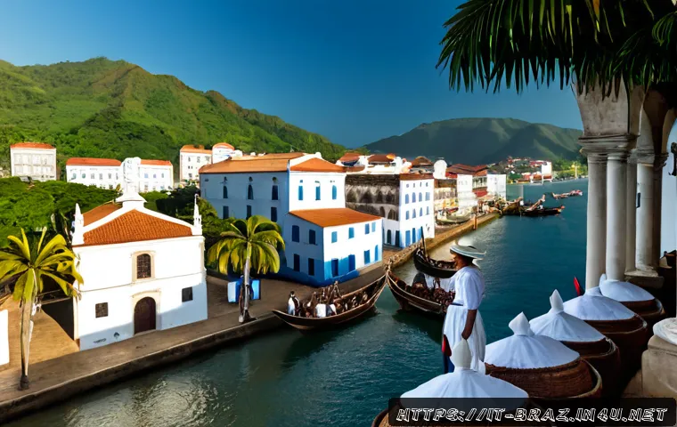 포르투갈 식민지 시대 브라질 - Photorealistic historical scene of colonial Brazil in the 18th century, Portuguese-style coastal tow...