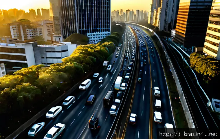 Home 17 브라질의 교통체증 문제 - Photorealistic aerial view of severe rush-hour traffic in São Paulo, Brazil, dense streams of cars, ...