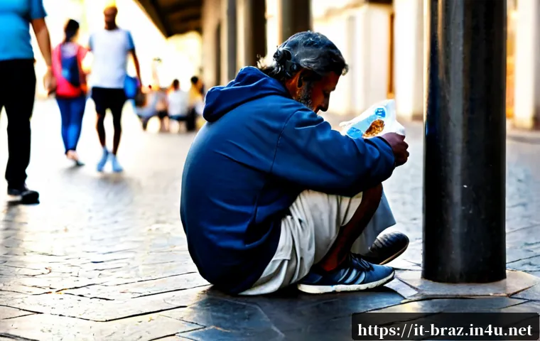 Home 17 브라질에서 노숙자 문제 - Photorealistic documentary-style street scene in São Paulo, Brazil, showing a middle-aged homeless m...